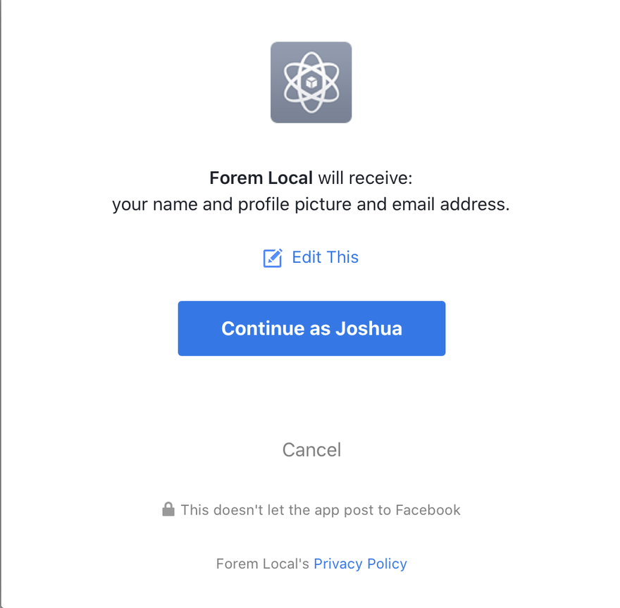 Facebook sign in permissions dialog