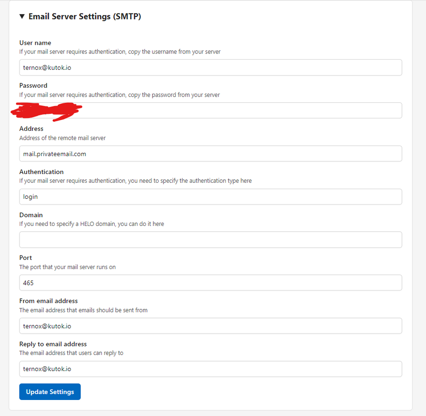 SMTP setting on selfhost site