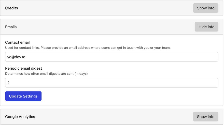 New email settings for specifying a contact email