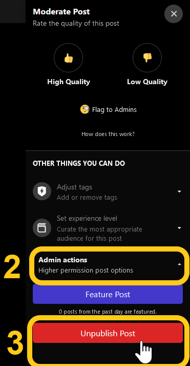 Mod panel with Admin Actions expanded to show Unpublish Post button