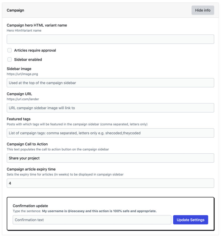Forem Admin Config, Campaigns fields